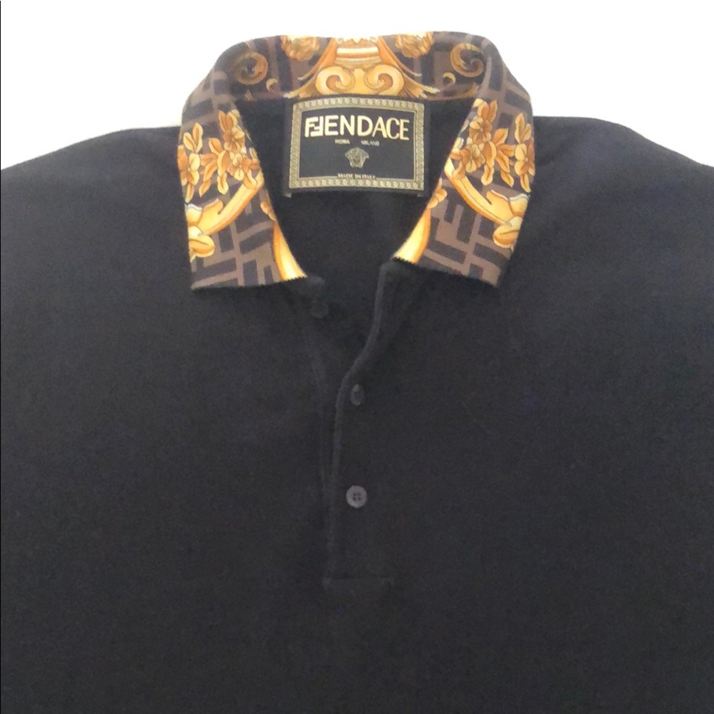 Fendace Black Polo Shirt with Fendi and Baroque Versace collar